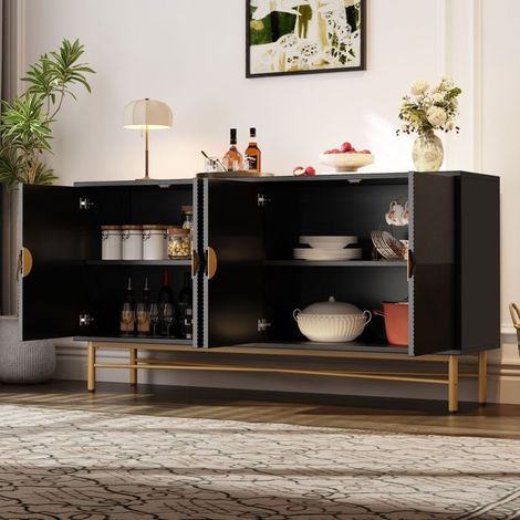 Buffet 160 x 40 x 82 cm texture en relief quatre portes poignées dorées brossées pieds haute brillance noir (1/5)