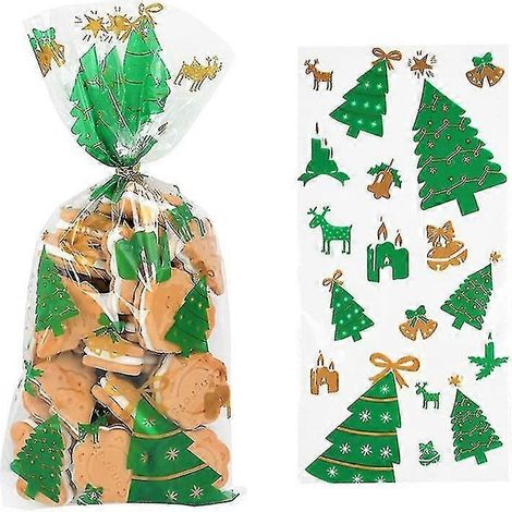 50 sachets cadeaux transparents en PVC avec motif Père Noël, sapin et renne, parfaits pour emballer des bonbons, des biscuits et autres gourmandises.-Style5