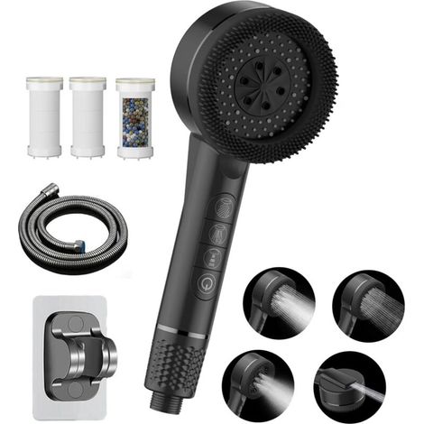Pommeau de Duche Haute Pression,Pommeau Douche Economie Deau 4 Types de Jets Pommeau de Douche Anti Calcaire avec Tuyau Douche 1.5M et Support de Douche, avec Bouton D'arrêt D'eau Dark black (1/5)