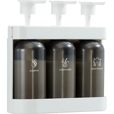 Distributeur de savon mural pour douche, 3 compartiments, shampoing, après-shampoing et gel douche, pour salle de bain d'hôtel, 380 ml par flacon, blanc (1/5)