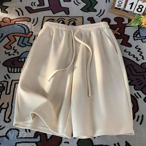 Men's solid color waffle-knit shorts, relaxed fit, with moderate stretch, suitable for everyday wear, home, clubs, holidays, all seasons (1/5)