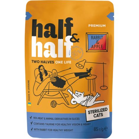 Alimento umido per gatti Half&Half, gusto coniglio sterilizzato, mela in gelatina, 85 g (1/2)