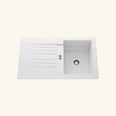 Cuisissimo – Évier résine blanc 86x50 cm – 1 bac réversible avec égouttoir – Évier à encastrer avec bonde et siphon inclus