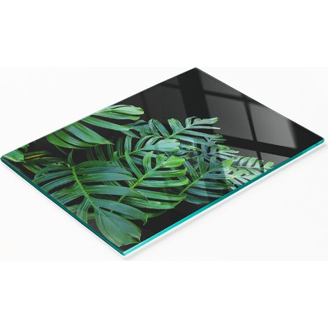 Tabla de servir de cocina de vidrio templado con dise帽o de monstera, 80x52 cm.