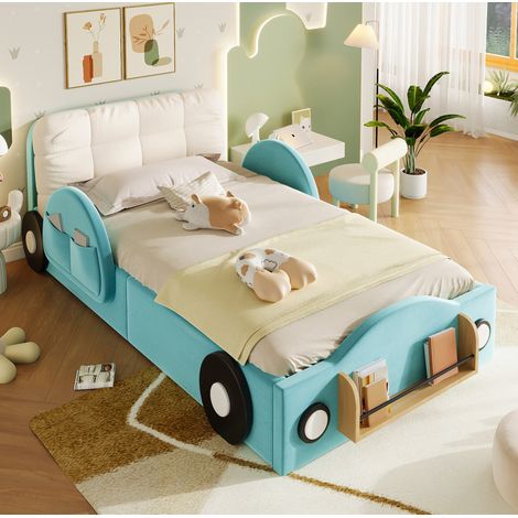 Cama tapizada 90x200 cm azul con almacenaje hidráulico, bolsillos laterales y cojín grande (1/5)