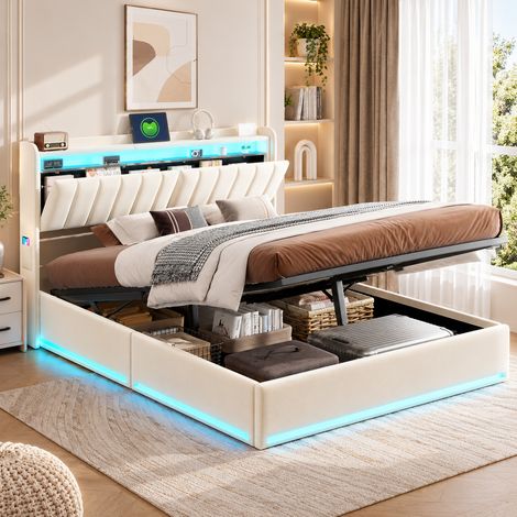 Lit coffre avec sommier lattes en métal - Lit adulte 160 x 200 - Tête de lit capitonnée en velours - Ports USB et Type-C - Bande lumineuse LED réglable - Beige (1/5)