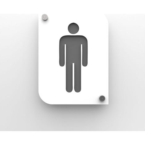 Pictogramme toilettes hommes - Plaque porte PMMA blanc design - Fond personnalisable - 20x15 cm, épaisseur 3 mm, fixation inox (1/4)