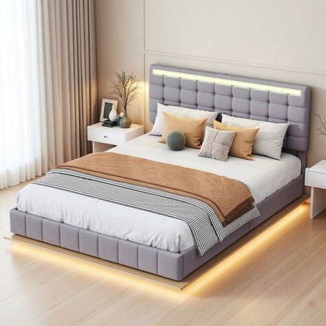 Cama Doble 140x200 - Somier Hidráulico - Almacenamiento LED RGB - Mecanismo Silencioso - Terciopelo Gris