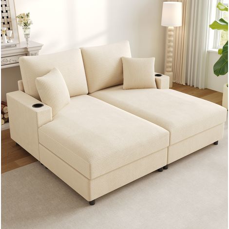 Sofá relax 163x140x82 cm beige en pana con USB, USB-C, soporte móvil y portavasos (1/5)