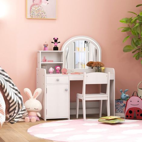 Set da toeletta per bambini con specchio a LED, sgabello e contenitore