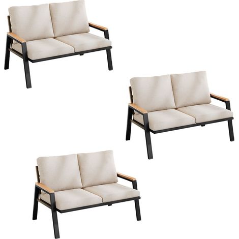 3er-Set gartenmöbel-Set, Outdoorsofa, 2-Sitzer-Sofa, verzinkter Stahl, Handläufe aus Holz-Kunststoff-Verbundwerkstoff, Industriestil, graubeige