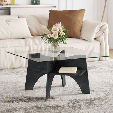 Table basse carrée en verre de sécurité 80 x 80 x 40 cm, structure MDF noir aspect bois (1/5)