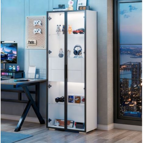 Vitrina de 60 x 40 x 160 cm con LED, 2 cajones, puertas de vidrio templado y MDF, blanca HAVRYA (1/5)