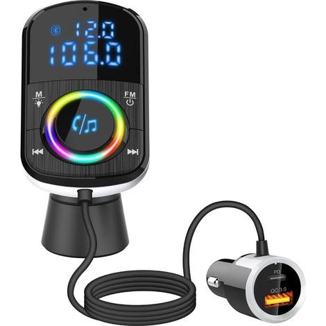 Émetteur FM Bluetooth, émetteur autoradio Bluetooth 5.0, PD3.0 30 W Type C et QC3.0, appels mains libres et lecteur de musique (1/5)