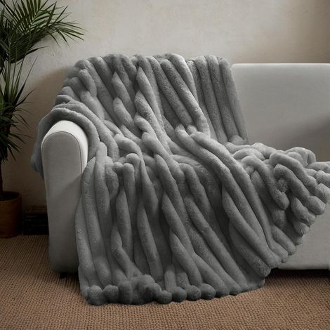 Couverture polaire ultra chaude en velours, double couche de fausse fourrure de lapin AB et de fourrure moelleuse, douce et confortable (gris foncé, 100 x 150 cm) (1/5)