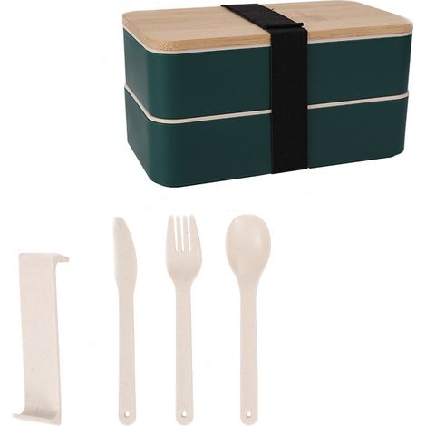 Boîte À Lunch - Polypropylène Et Fibres De Bambou - 2 Compartiments Empilables - Étanche Avec Joint Silicone - Micro-ondable Congelable Lave-vaisselle - Vert - 1 Pièce (1/5)