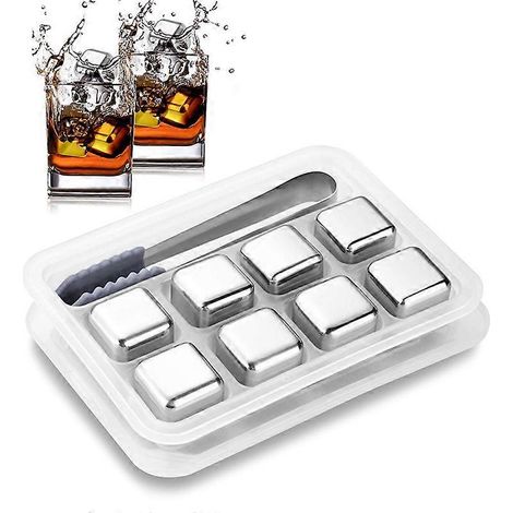 Ensemble de 8 glaçons réutilisables en acier inoxydable avec clips en silicone et plateau de rangement pour vin, boissons, (1/4)
