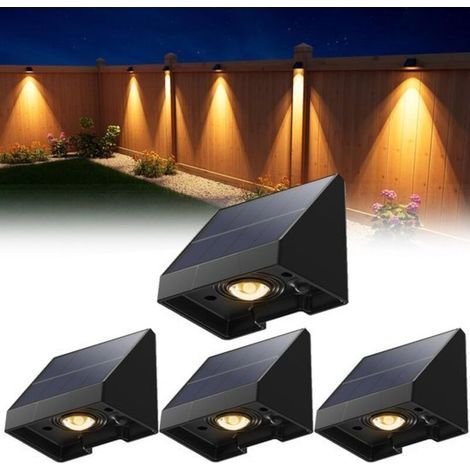 Ensemble de 4 lampes solaires LED étanches pour clôture extérieure, lumière blanche chaude, convient aux murs, patios, jardins, clôtures, garages et piscines. (1/5)