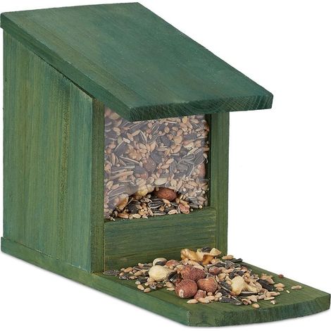 Mangeoire pour écureuils, mangeoire à poser, en bois, dimensions H x L x P : 17,5 x 12 x 25 cm, vert foncé (1/5)