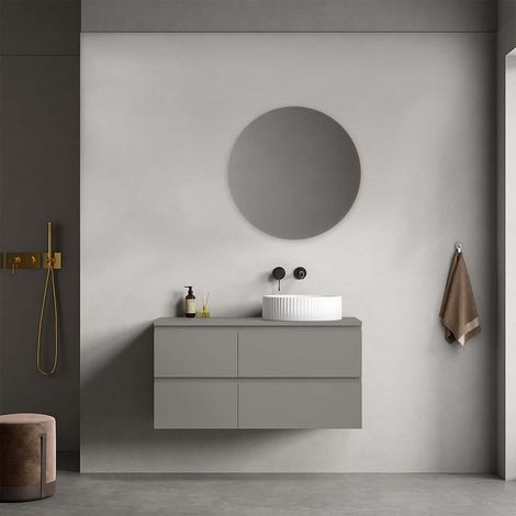 Mobile bagno sospeso reversibile 100 cm Grigio Londra per Lavabo d'appoggio Specchio Tondo - Fiji Paint Top