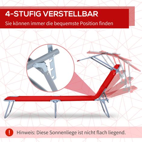Transat pliant Outsunny, chaise longue extérieur avec parasol, dossier ajustable 4 crans, siège camping imperméable, charge max 120 kg, pour jardin, plage, piscine, rouge