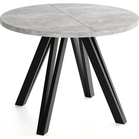 Runder Esstisch Ausziehbar 100–140 cm mit Schwarzen Holzbeinen aus Buchenholz – Ausziehtisch für Esszimmer, Küche – Tisch für 4–8 Personen – Beton Grau