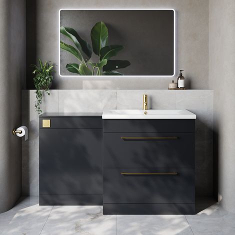 Napoli 460 Cento Gloss Grey 1400mm 2 Drawer Vanity Unit Toilet Suite with Glide Basin - 1400mm - Brushed Brass 480mm HandleWithout Kingston Toilet Pan