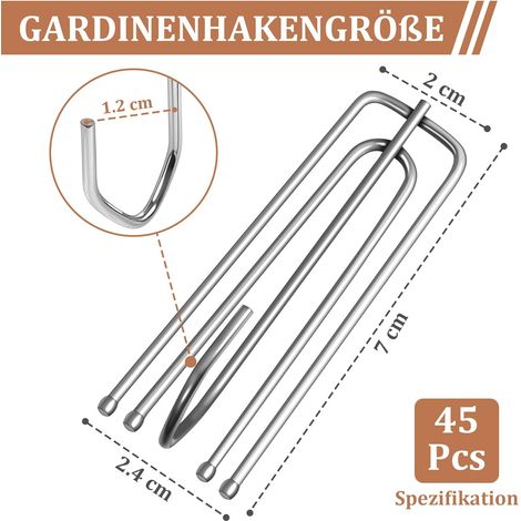 Set di 45 ganci per tende in metallo, ganci per tende in acciaio inox a 4 punte, ganci per tende plissettate, adatti per essere appesi ad anelli e binari, accessori per tende, 7x2 cm, argento. (1/4)