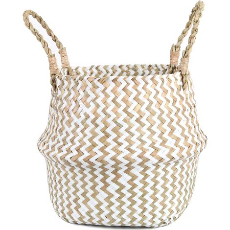 Panier à linge en rotin tressé, panier de rangement pour fruits avec poignée, protège-plantes en pot (blanc) (1/5)