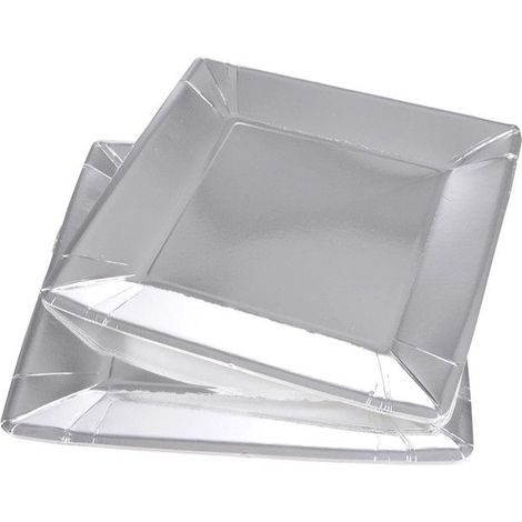 20 assiettes en carton carrées, 23 cm, finition argent sans film plastique, pour événement festif ou service traiteur