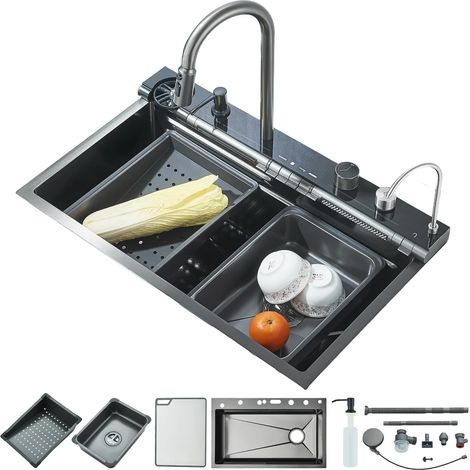 Évier de Cuisine Cascade, Evier multifonction de Cuisine en Acier Inoxydable, Noir Gris Evier de cuisine noir Affichage numérique Grand évier simple Avec Rinceuse Tasses Robinet Extractible,75x46CM (1/5)
