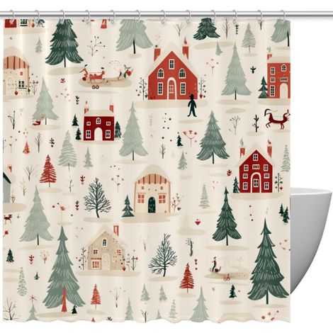 1 Rideau de douche, motif sapin de Noël, polyester imperméable, œillets renforcés, crochets inclus, salle de bain (1/5)