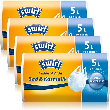 4 rouleaux de 40 sacs poubelle antibactériens avec poignée de transport, 5 litres, blanc (1/5)