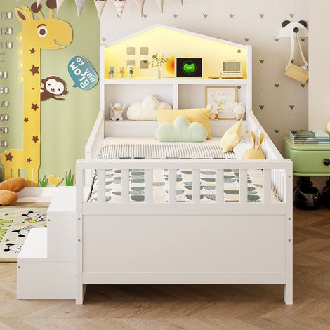Lit enfant 90x200 cm avec barrière de sécurité, 4 tiroirs de rangement, échelle, éclairage LED, ports USB et Type-C, bois massif avec sommier, lit simple blanc. (1/5)