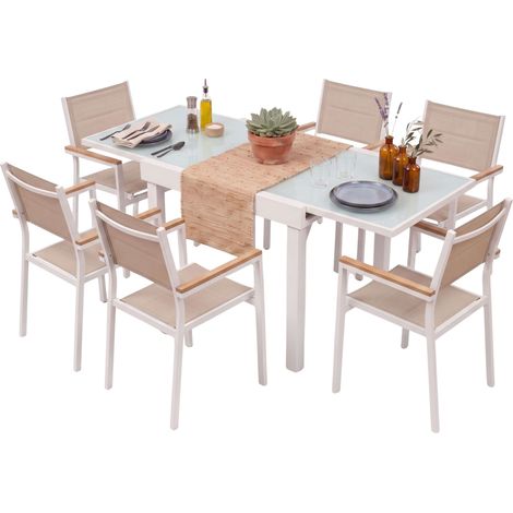 Juego de Muebles Jardín, Mesa Extensible y 6 Sillas Apilables Aluminio Blanco y Beige 90-180x90 cm (1/5)