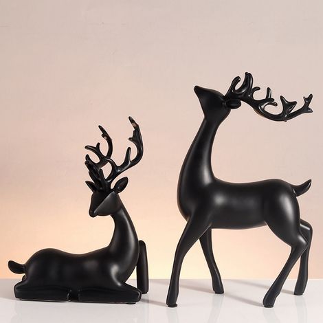 Statue De Renne - Résine Noire - Assis Et Debout - Décoration Intérieure Moderne Pour Salon Chambre Bureau - 2 Pièces (1/5)