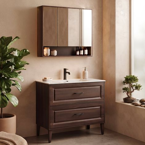 Conjunto mueble lavabo empotrado simple 100cm y armario espejo Moka Madera oscura (1/4)