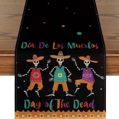 Chemin de table mexicain pour la Fête des Morts, motif floral et crânes, décoration d'Halloween pour salon et meuble TV - 30 x 180 cm (polyester) - WSJZQ-4