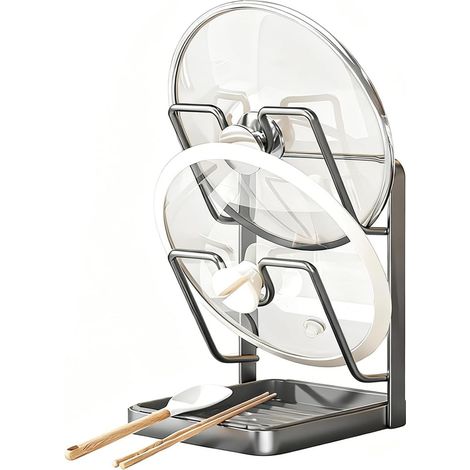 Deckelhalter mit integrierter Abtropfschale, 2-in-1-Arbeitsplattenorganizer für Topfdeckel, Schneidebretter und Küchenutensilien, kompaktes Design mit leicht zu reinigender Abtropfschale, schwarzes Me (1/5)