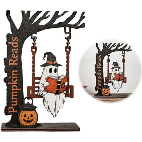 Halloween Wooden Ghost Reading Ornament with Swing, Hollow Carved Book Nook Decor for Shelves & Desks (1/5)