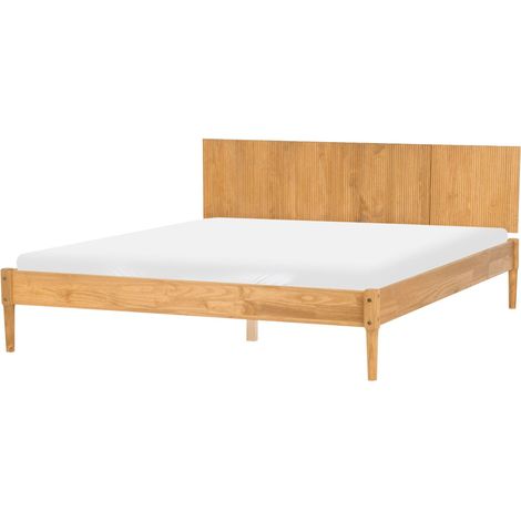 Bed Light Brown Pine Wood Frame with Slatted Bed Base Ribbed Headboard EU Super King Size 6ft Natural Scandi Style AMBAZAC (1/5)