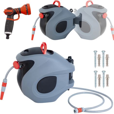 Bobine de tuyau automatique 30m avec buse 9 fonctions, support mural pivotant 180°, verrouillage réglable – Résistante UV et gel, gris/rouge (1/5)