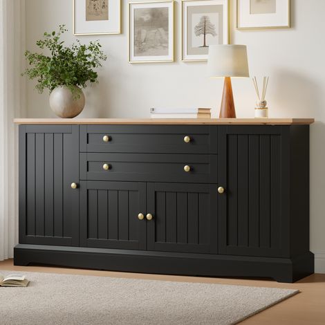 Buffet bas 160x38x78,5 cm, 4 portes, 2 tiroirs, étagères réglables, rangement salon et salle à manger, MDF, poignées en fer, façade noire structurée (1/5)