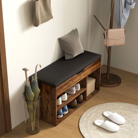 Banc à chaussures rustique marron avec rangement intégré, coussin rembourré et espace de rangement dissimulé pour entrée, couloir ou salon. (1/5)