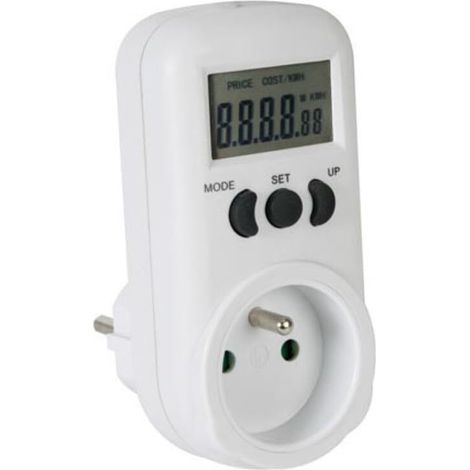 Compteur d'énergie Perel, affichage LCD, 230 V, 16 A, 3600 W, type E (système français), blanc