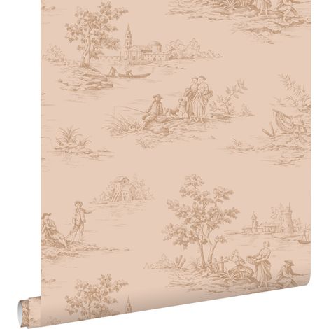 papier peint toile de jouy rose clair  - ESTAhome (1/5)