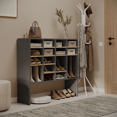 Schuhschrank Hermia, Anthrazit/Goldkraft Eiche, 104.2 x 99 cm mit 16 offenen Fächern, Vicco (1/5)