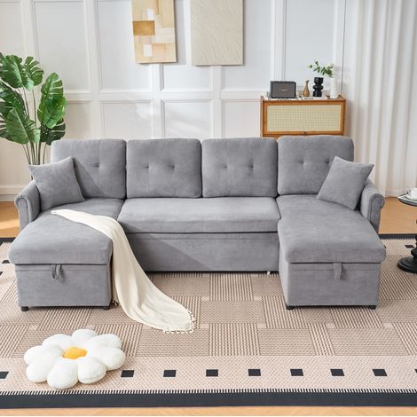 Divano angolare a U letto con contenitore in ciniglia grigio 266 x 130 x 85 cm (1/5)