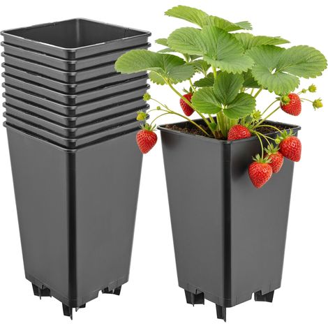 Garronda Blumentopf Pflanztopf Kunststoff mit Standfüßen 12 x 12 x 21 cm (2L) 10er Set für Erdbeeren und Himbeeren, Kulturtopf mit Drainage für Hydrokultur und Gartenbau Schwarz GD-0206