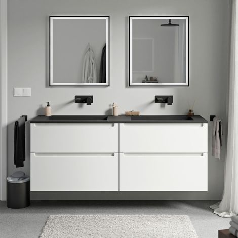 BERNSTEIN - Meuble double vasque suspendu MDF Blanc mat, lavabos fonte Noir mat sans trou robinet, tiroirs pivotants - 160x46x62cm - VIREO (1/5)